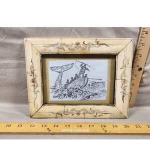 Antique Handmade Scrimshaw Bone Picture Frame Enamel Back